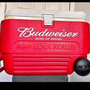 Budweiser Igloo Cooler Wheeled/ Roller Red & White| Handle+Drain Plug | Vintage
